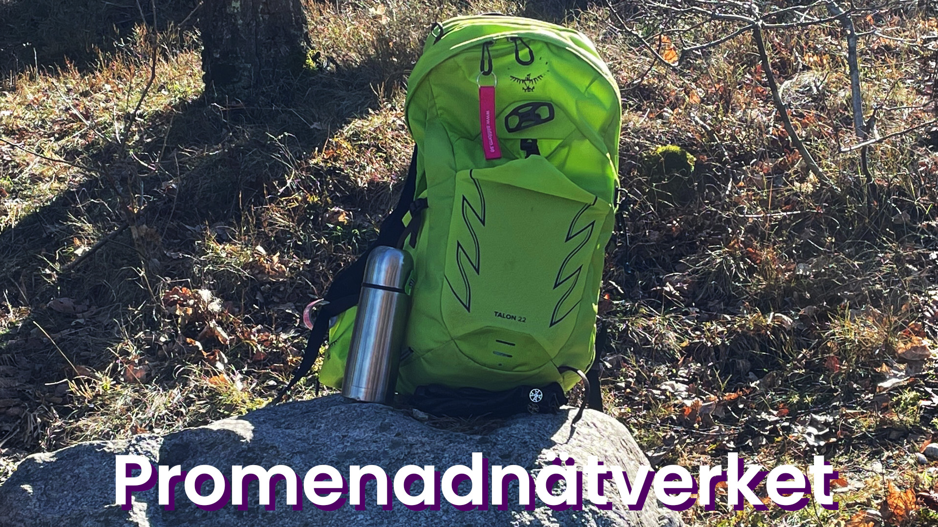 Promenadnätverkets neongröna ryggsäck ute i det gröna